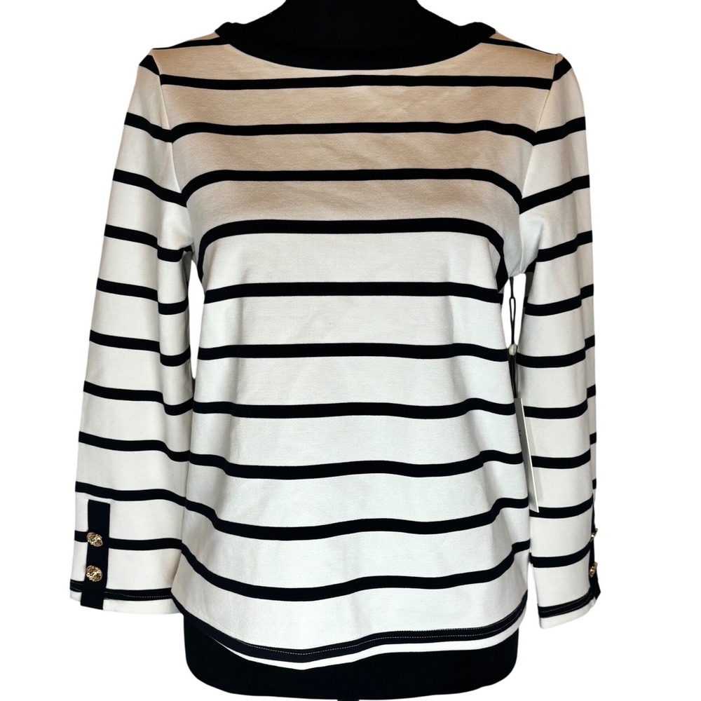 Haver + Blair Striped Top Women Smal White Black Gold Button Cuffs